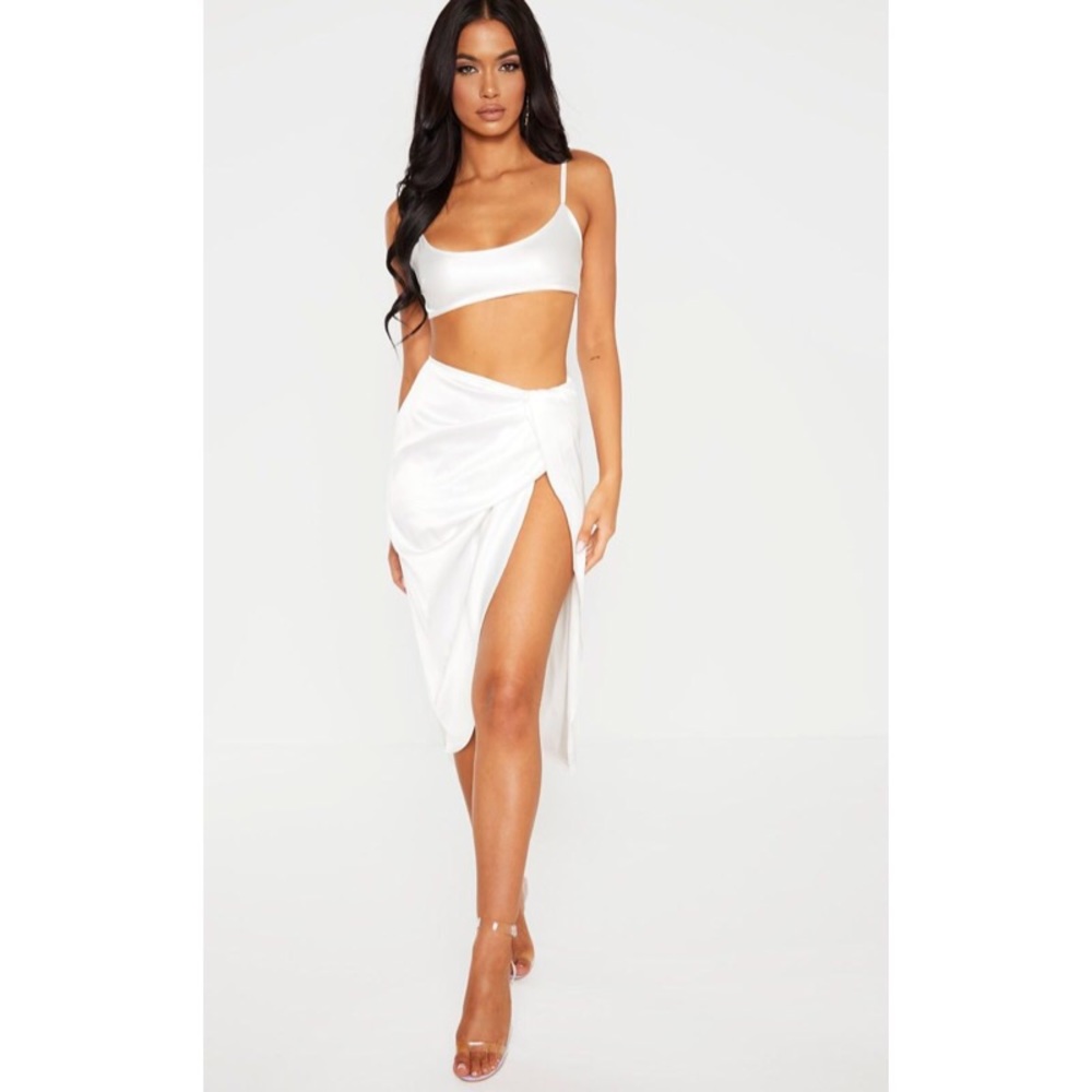 PrettyLittleThing White Satin Midi Skirt